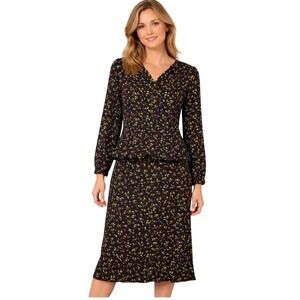 Nancy Johnson Vintage 100%‎ Silk 2 Piece Skirt Set Black Floral Tulip Print Sz 6